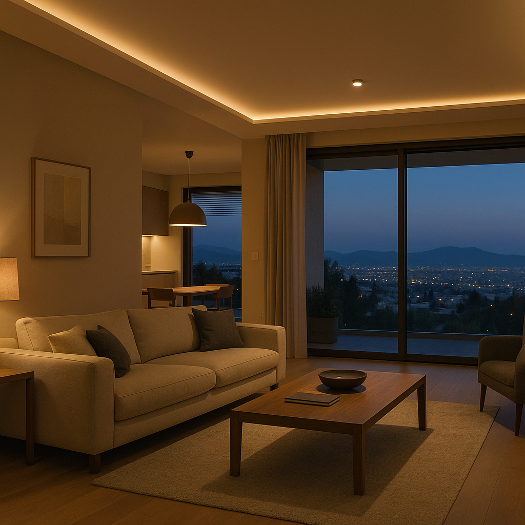 Warm evening lighting in a hillside living room