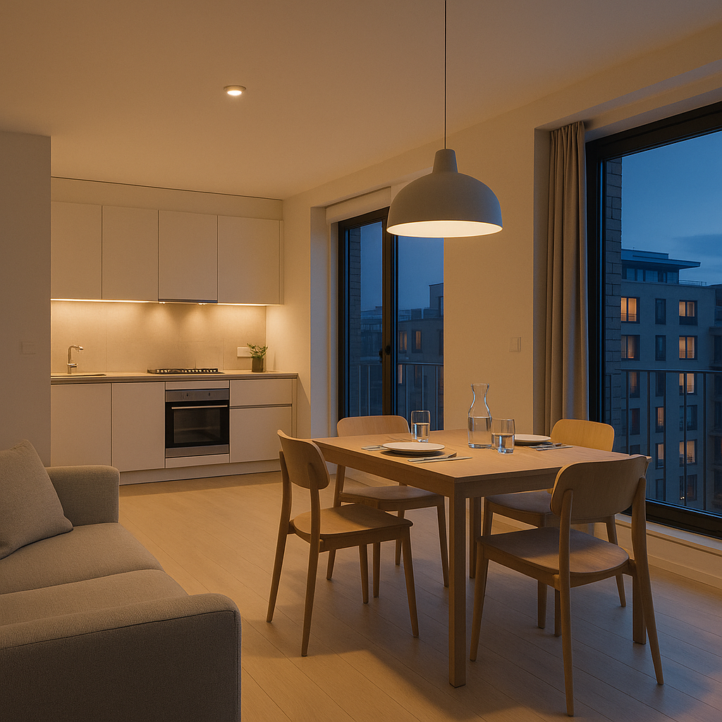 Large open-plan living area with layered lighting