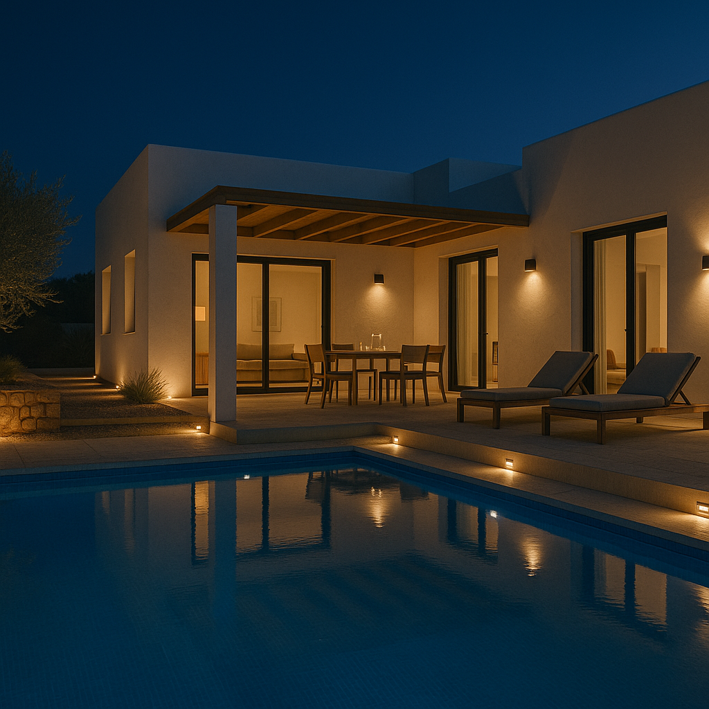 Outdoor terrace and pool lighting at night